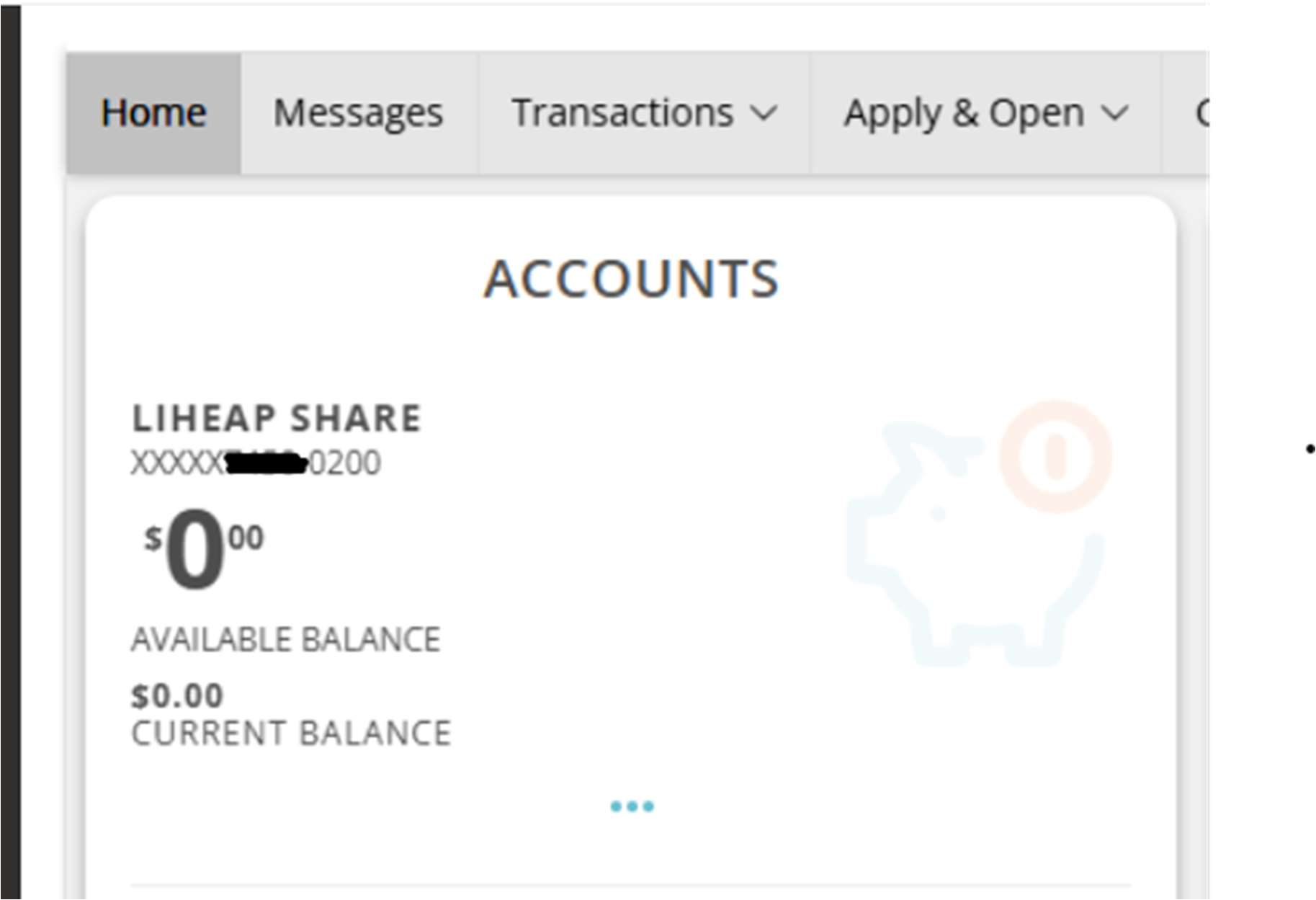 Ascentra digital banking home screen showing the account named LIHEAP SHARE with its available balance and current balance.