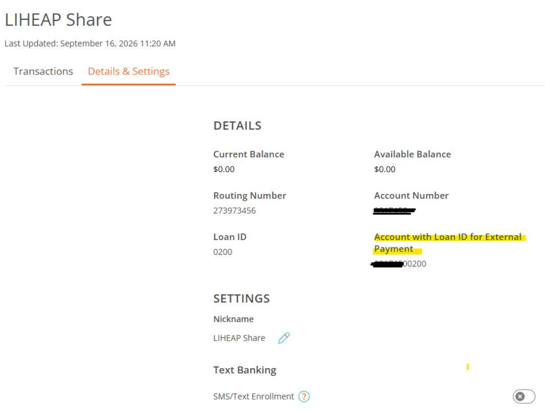 Ascentra's LIHEAP Share Details and Settings tab, showing the routing number, the account number, and a longer number labelled Account with Loan ID for External Payment that ends in 0200.