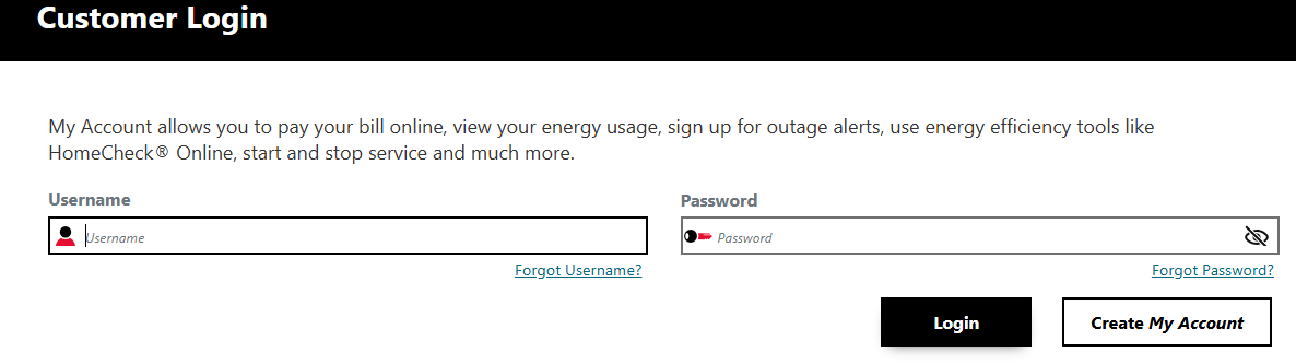 MidAmerican's Customer Login page, with Username and Password fields and Login and Create My Account buttons.