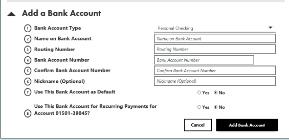 MidAmerican's Add a Bank Account form: fields for bank account type, name on account, routing number, account number, confirm account number, and a nickname.
