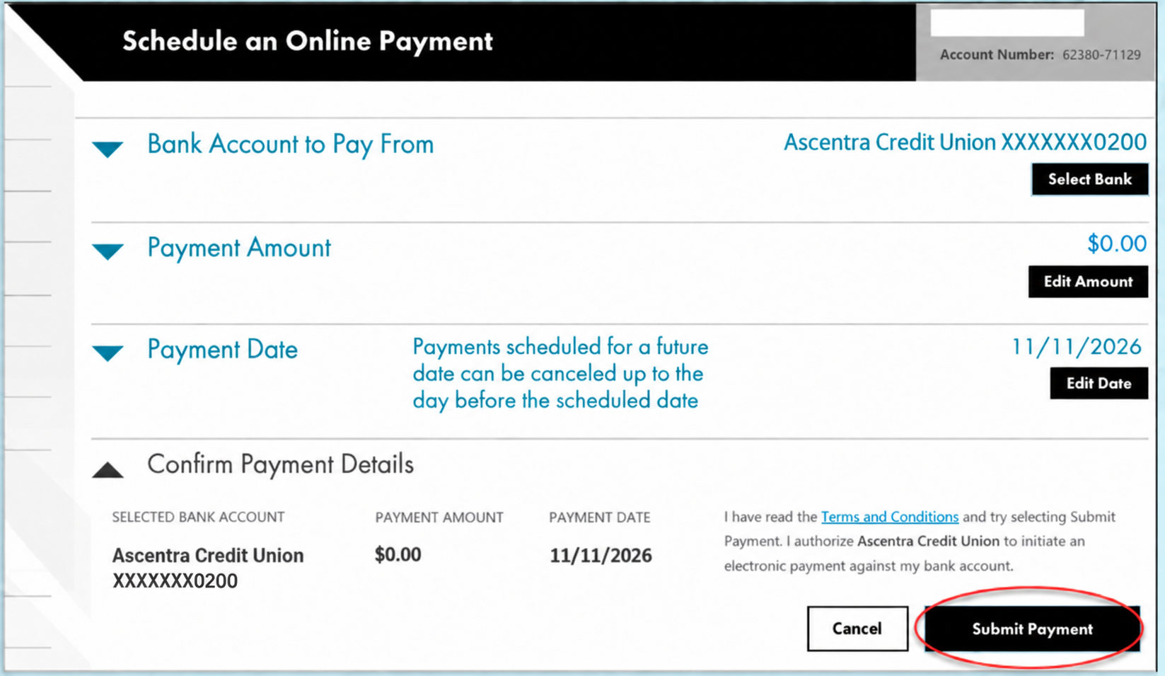 MidAmerican's Schedule an Online Payment screen, with Bank Account to Pay From, Payment Amount, Payment Date, and a Submit Payment button.